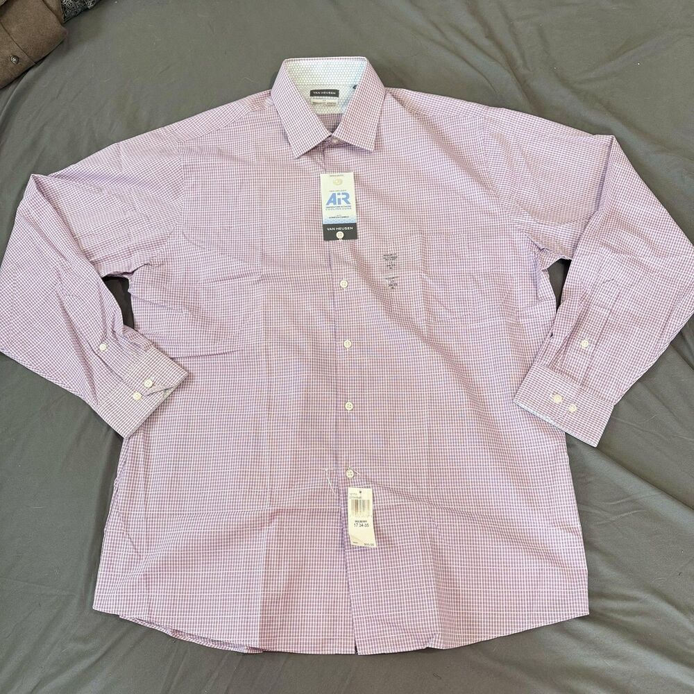 Van Heusen Shirt Men XL Purple Check Long Sleeve Button Up Dress Business Office